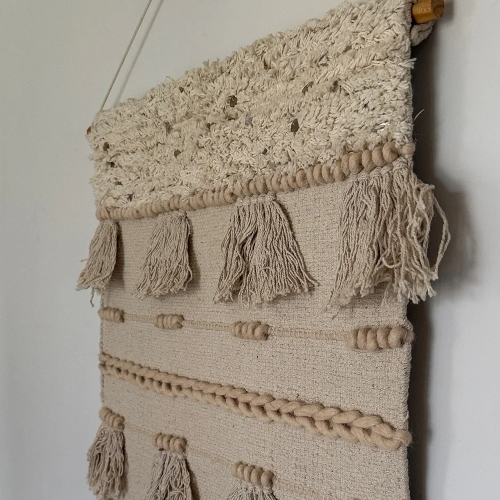 Boho Large Woven Wall Hanging Tapestry Tassel Fringe Neutral Textured Fiber Art